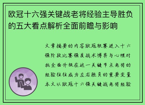 欧冠十六强关键战老将经验主导胜负的五大看点解析全面前瞻与影响 欧冠十六强关键战老将经验主导胜负的五大看点解析全面前瞻与影响